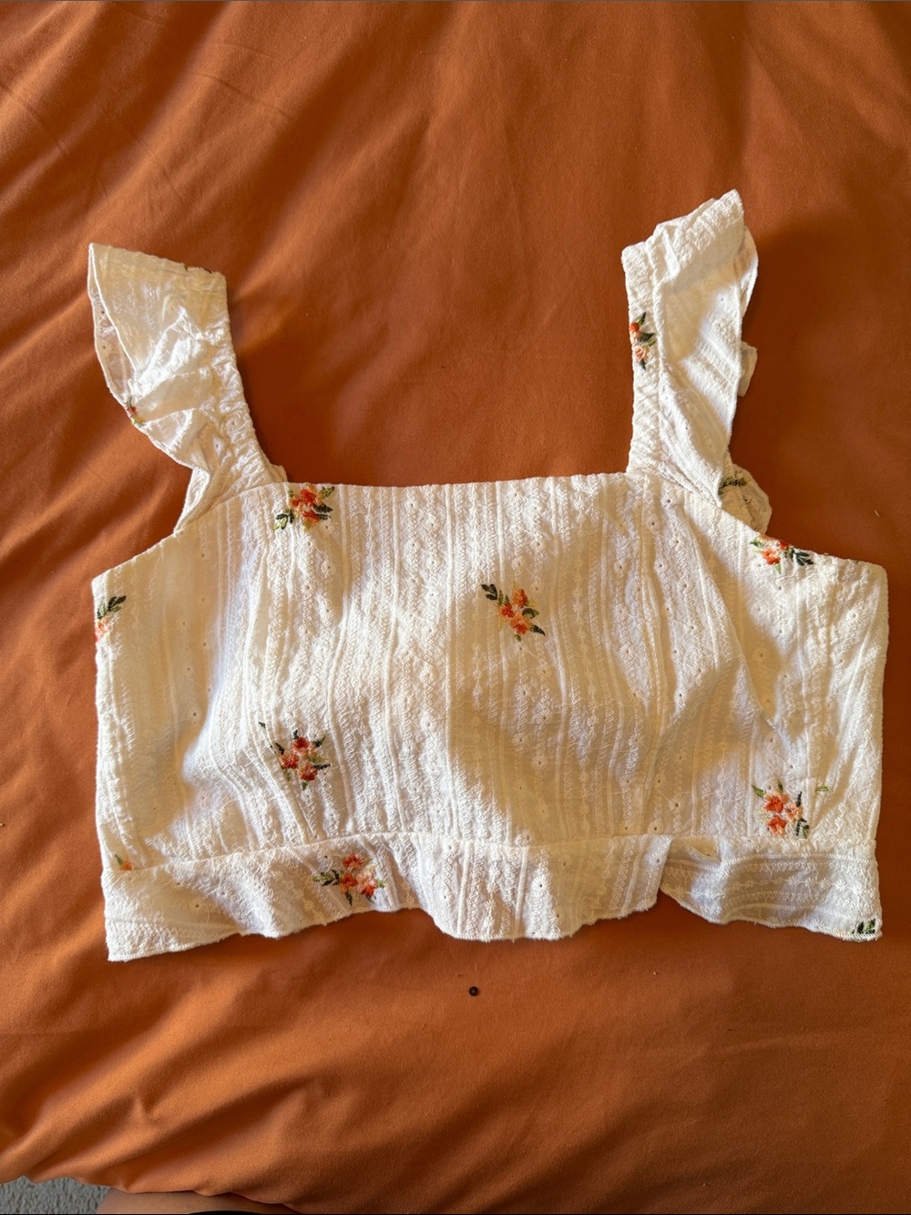 White Floral Eyelet Ruffle-Strap Crop Top
